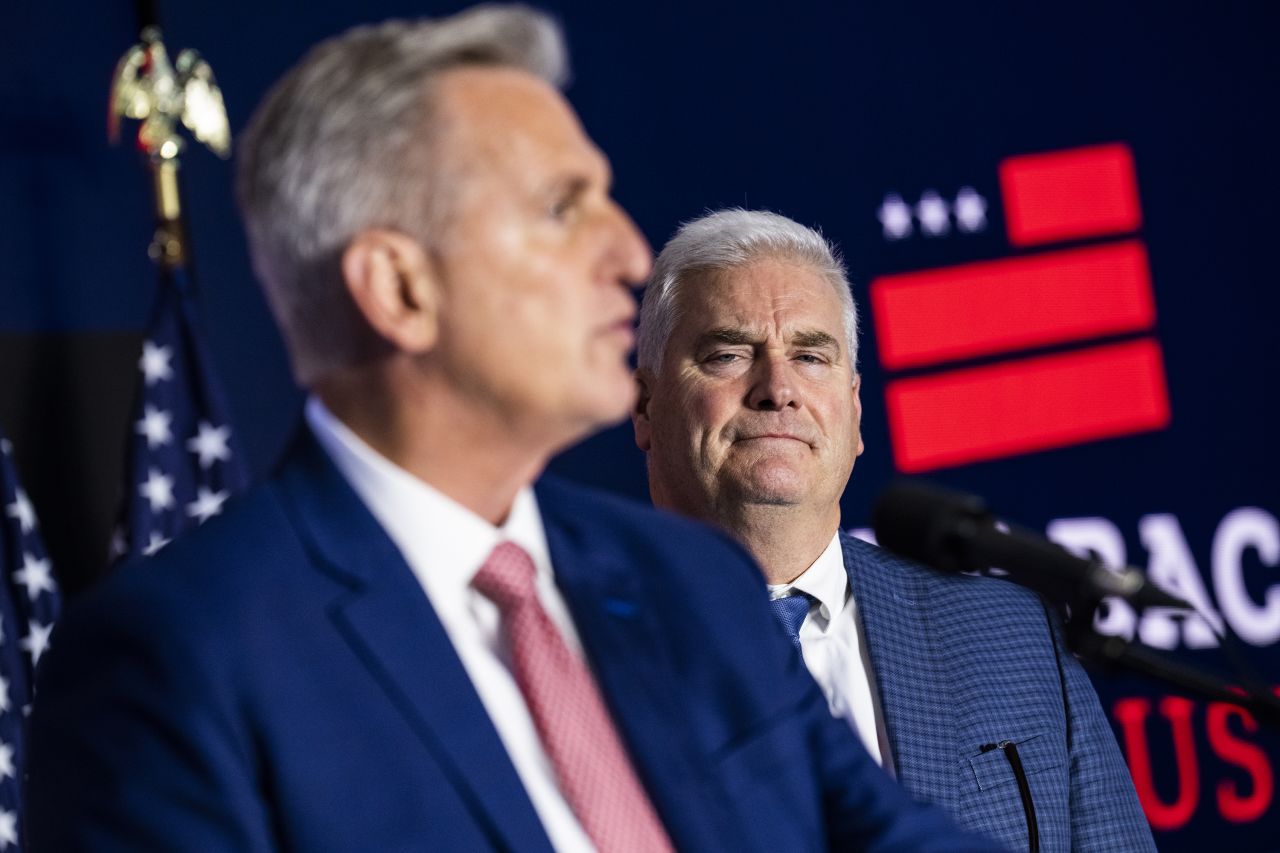 Rep. Tom Emmer (R) address an Election Night party with House Minority Leader Kevin McCarthy (L) at The Westin Washington hotel in Washington, DC, on Tuesday, November 8.