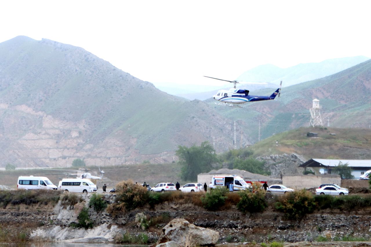 A helicopter carrying Iran's President Ebrahim Raisi takes off near the Iran-Azerbaijan border on May 19. This third-party photo was provided by the Islamic Republic News Agency and West Asia News Agency.