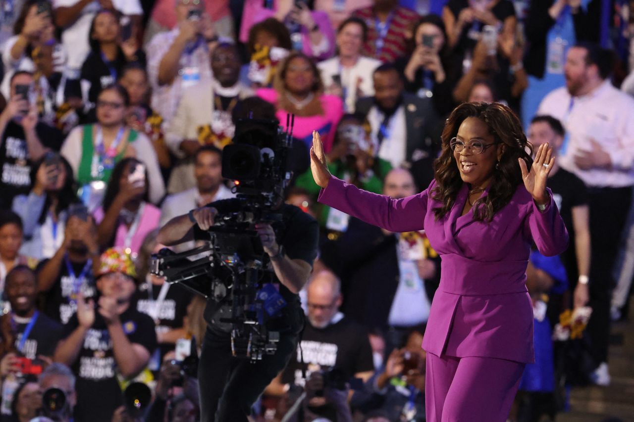 Oprah Winfrey takes the stage on Day 3 of the Democratic National Convention at the United Center, in Chicago, Illinois, on August 21.