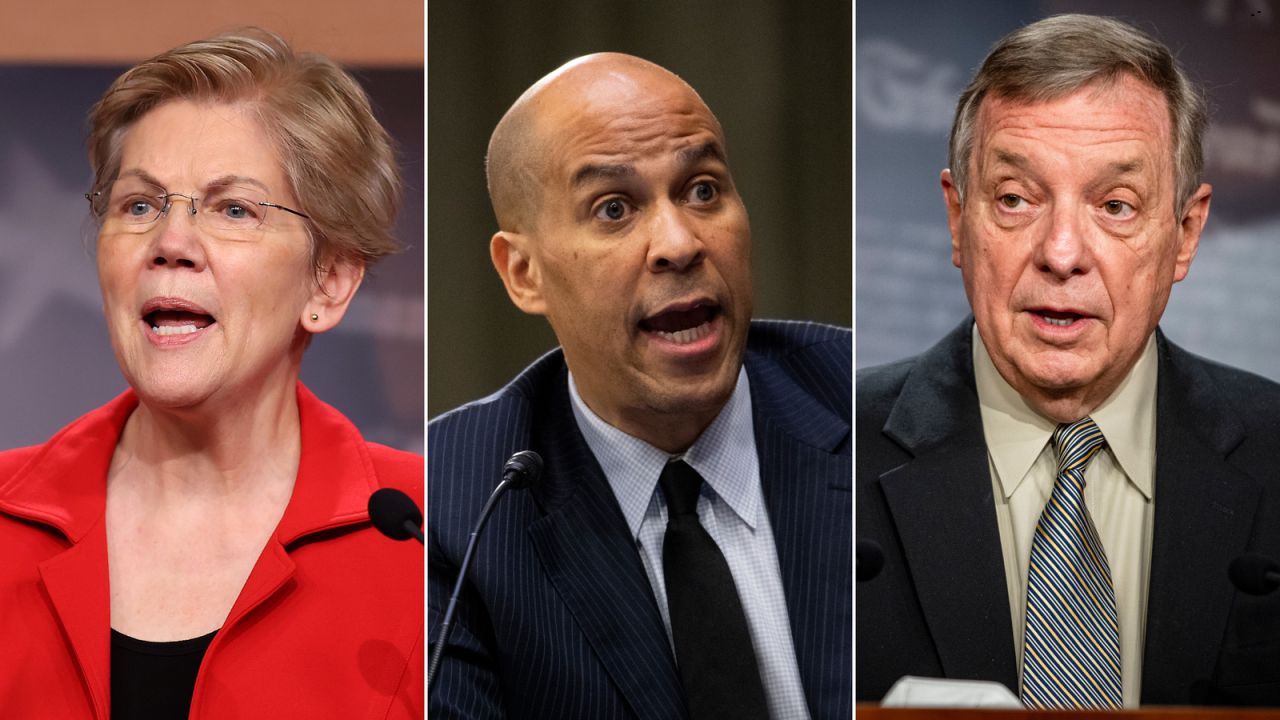 From left to right, Sens. Elizabeth Warren, Cory Booker and Dick Durbin