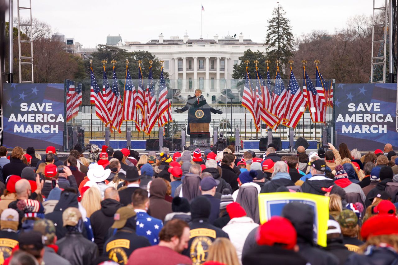 In this January 6, 2021 photo, then-President Donald Trump speaks during a rally to contest the certification of the 2020 presidential election results in Washington, DC.