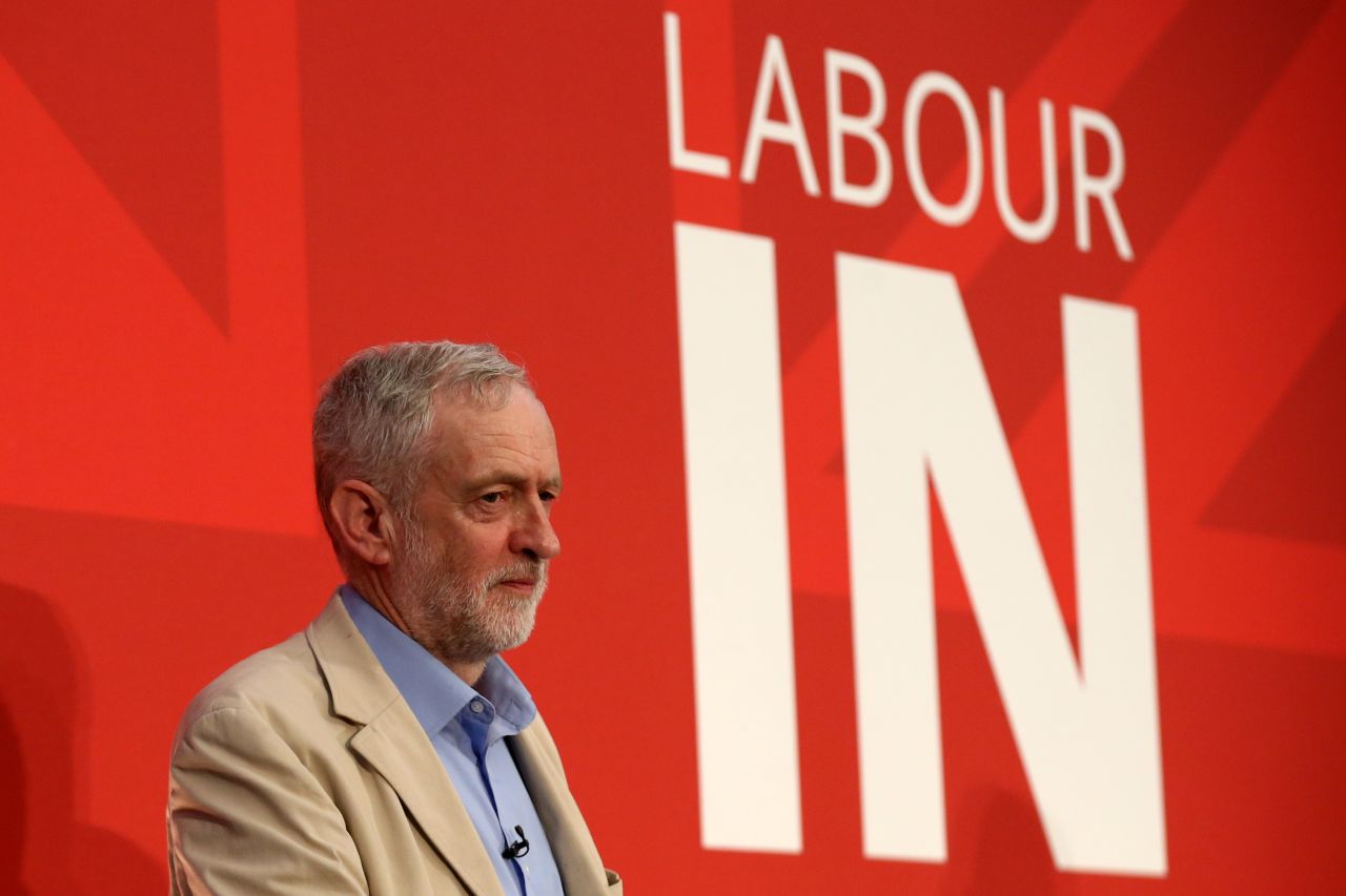 Labour leader Jeremy Corbyn addresses supporters and journalists in London on April 14, 2016, to set out the socialist case for remaining in the EU.