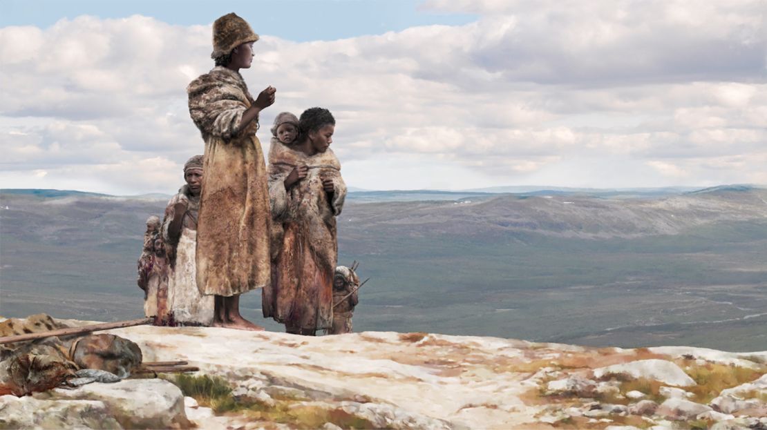 One illustration depicts early Europeans who lived in what is now Ranis, Germany, around 45,000 years ago and likely traveled together across the open landscape of the steppes.