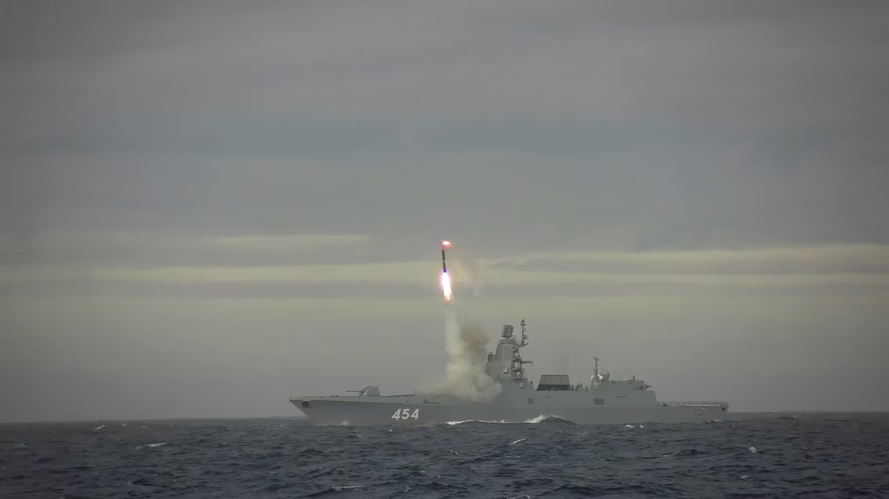 A still image taken from a video released on May 28 by the Russian Defense Ministry shows what it said was a test firing of its hypersonic Zircon cruise missile from Russia's Admiral Gorshkov-class frigate in the Barents Sea.