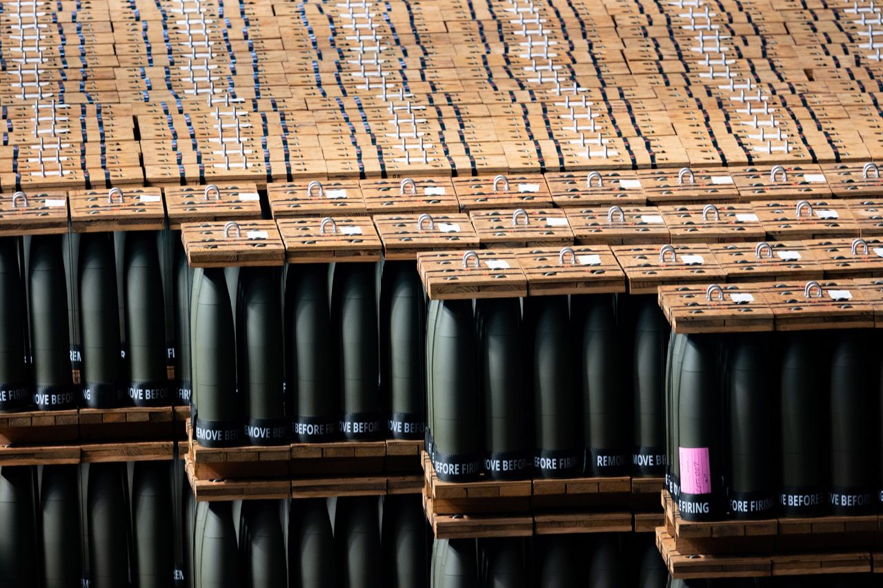 155mm artillery shells that are ready to be shipped are stored at the Scranton Army Ammunition Plant on April 12, in Scranton, Pennsylvania. 