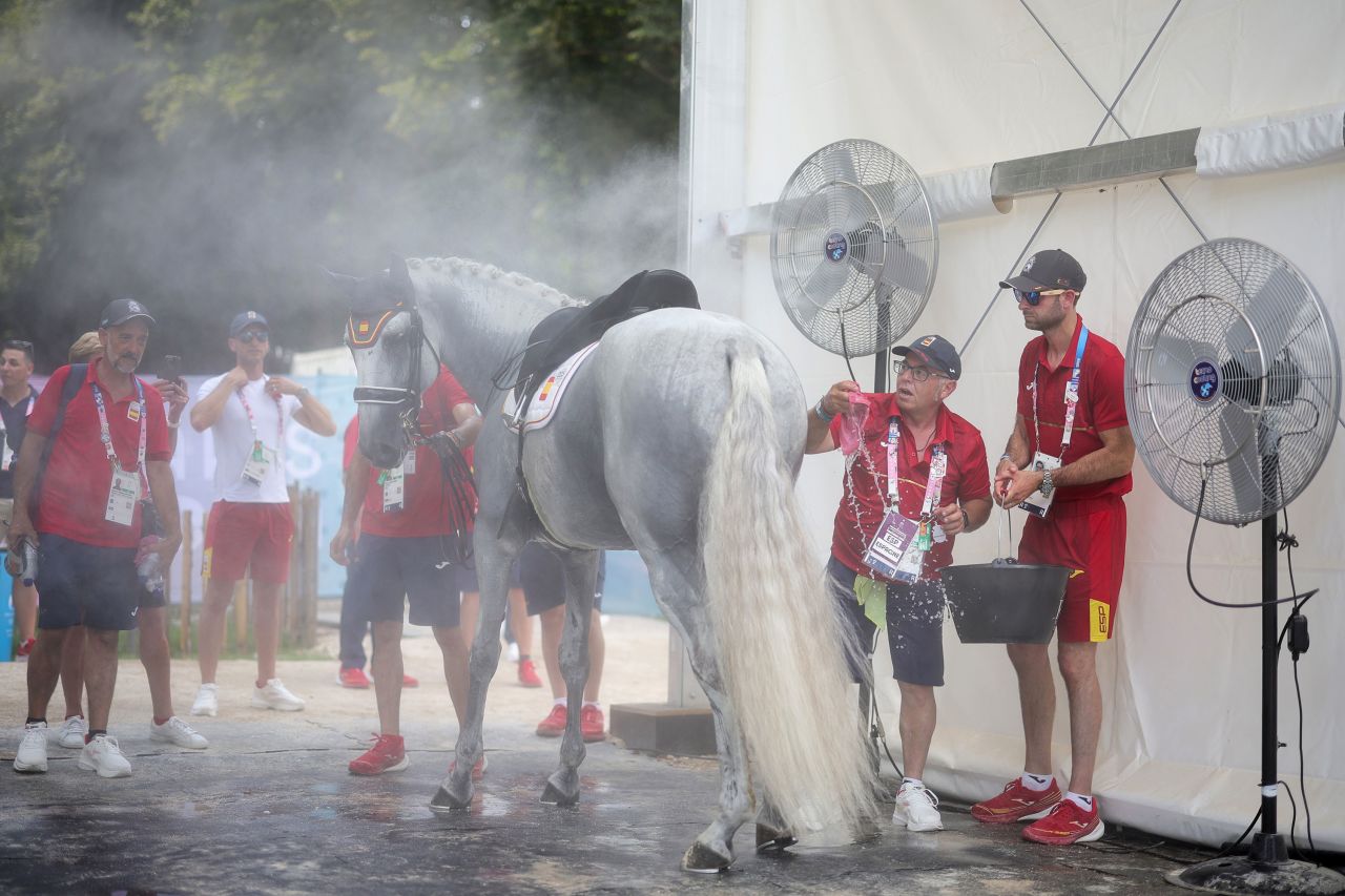 Attendants cool a horse with spray mist during a dressage event at Versailles on Tuesday.
