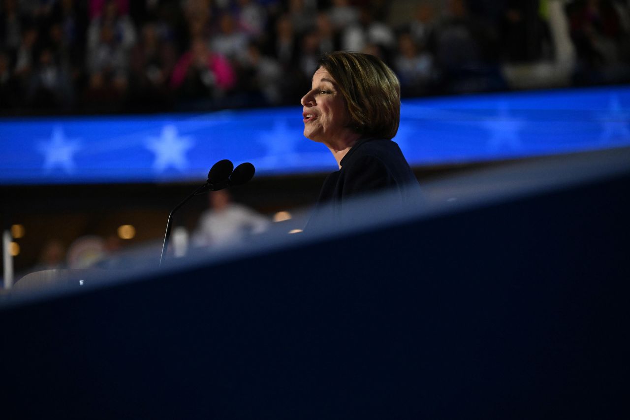 Sen. Amy Klobuchar speaks at the United Center during the Democratic National Convention in Chicago, on August 21.