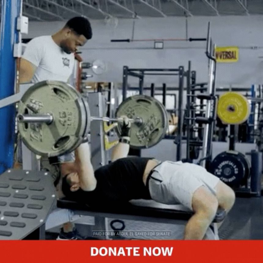 This still from video shows Abdul El-Sayed, a Democratic candidate for Senate in Michigan, weightlifting in a recent campaign ad.
