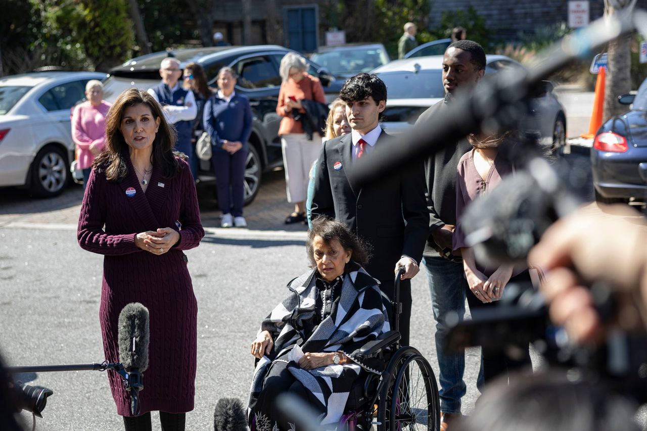 Nikki Haley speaks to members of the media after casting her ballot in the South Carolina Republican presidential primary election in Kiawah Island, South Carolina, on Saturday.