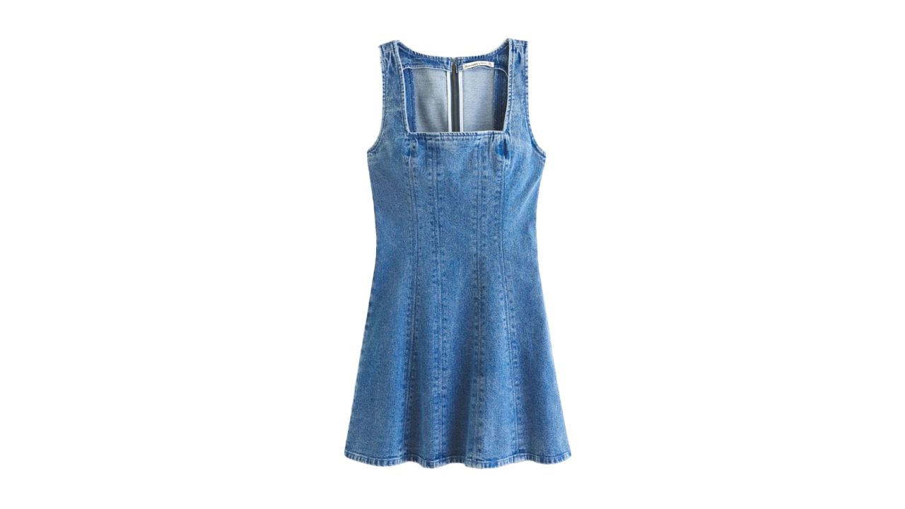 An Abercrombie & Fitch Denim A-Line Mini Dress on a white background.