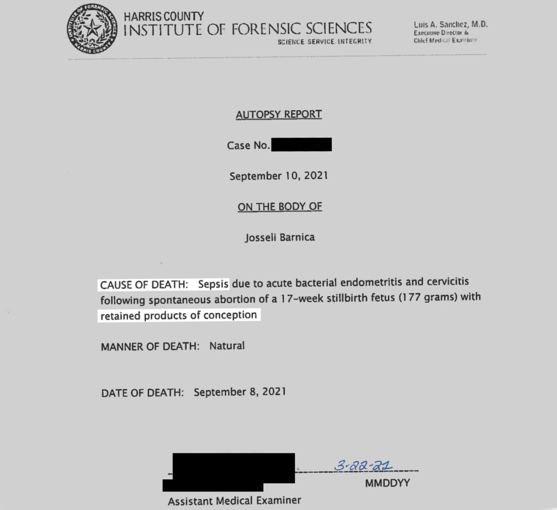 Barnica’s autopsy report lists her cause of death as sepsis with “retained products of conception,” meaning tissue that grew during her pregnancy but remained after her miscarriage.