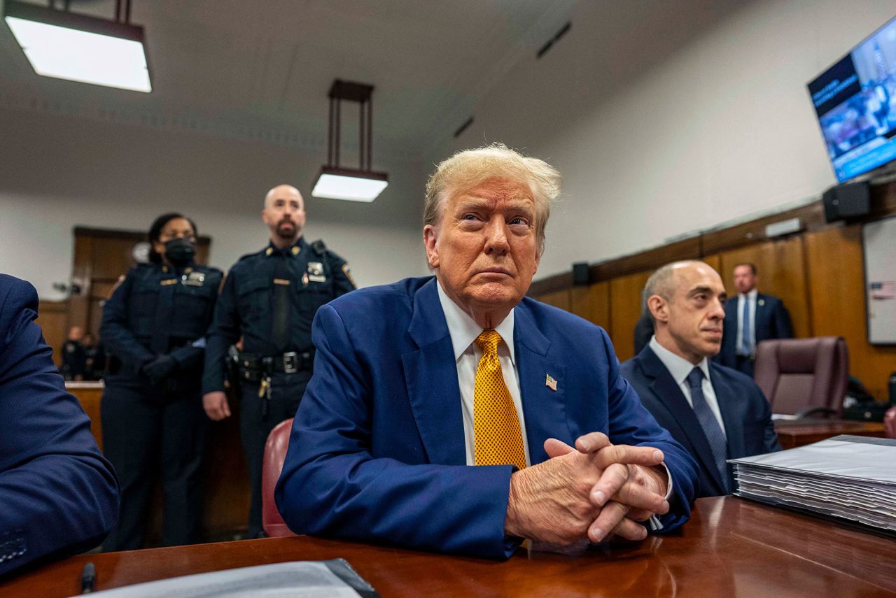 Former President Donald Trump attends his trial for allegedly covering up hush money payments at Manhattan Criminal Court in New York on Thursday, May 2. 