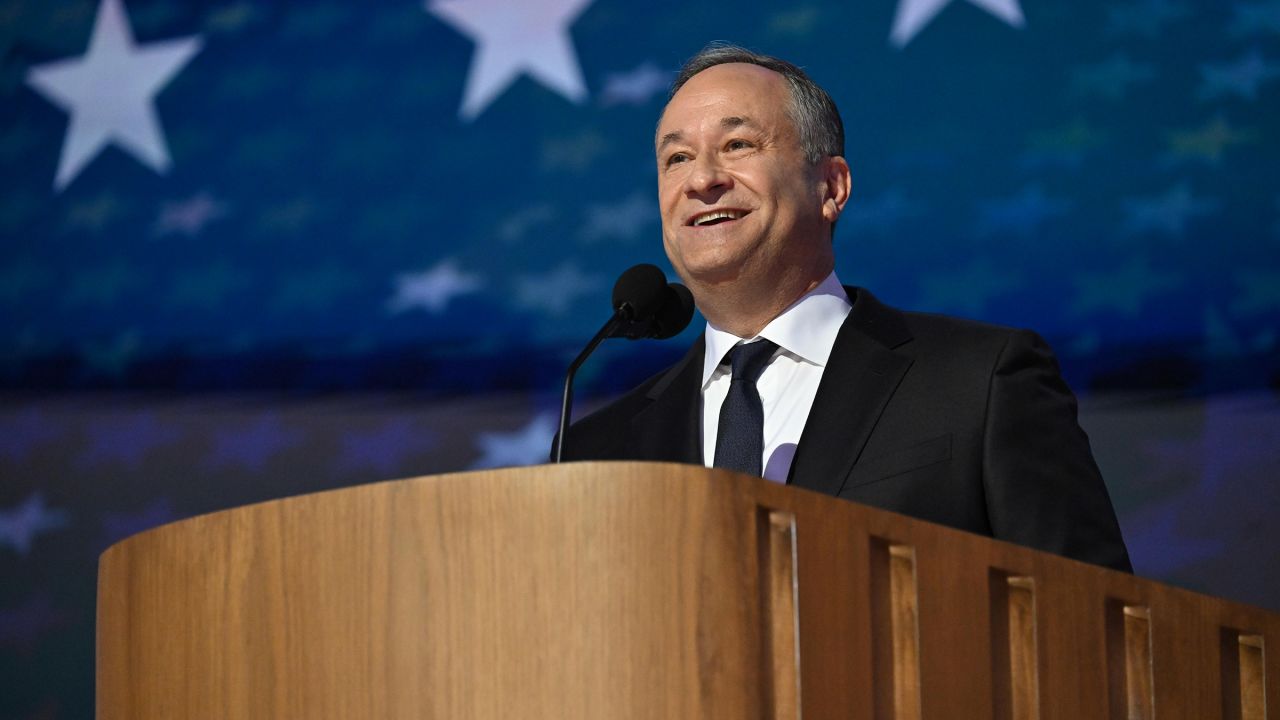 Second Gentleman Doug Emhoff speaks at the United Center during the Democratic National Convention in Chicago, on August 20. 