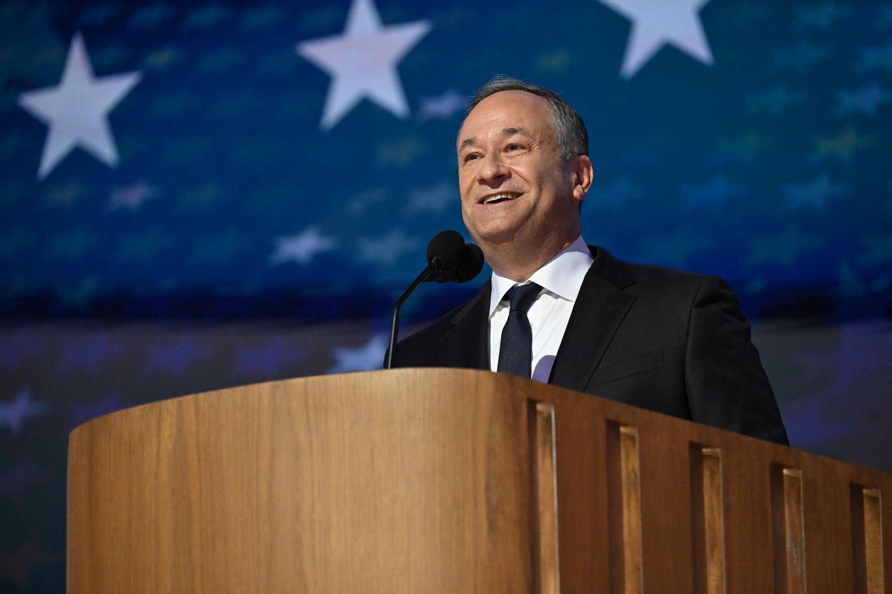 Second Gentleman Doug Emhoff speaks at the United Center during the Democratic National Convention in Chicago, on August 20. 