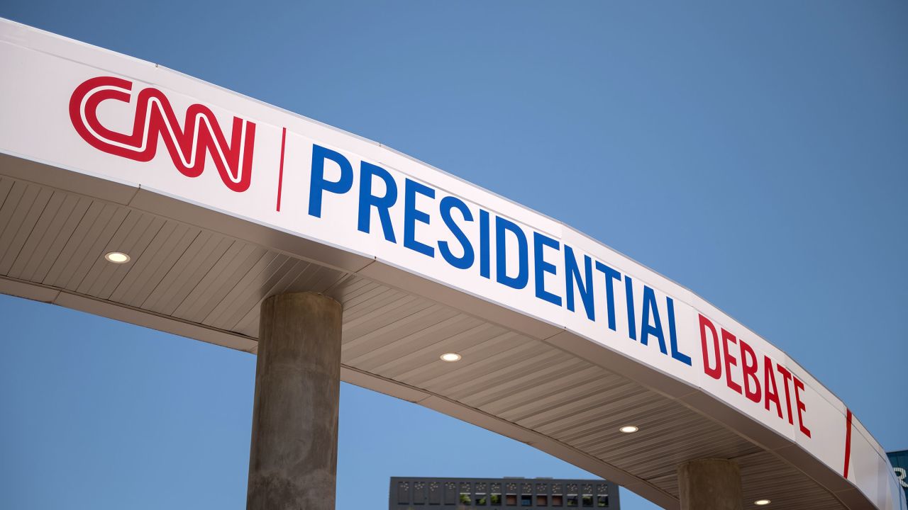 Banners hang on Georgia Tech’s McCamish Pavilion ahead of CNN’s Presidential Debate between President Joe Biden and former President Donald Trump on Monday, June 24.