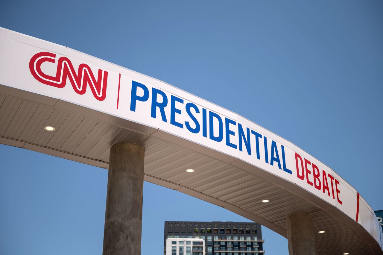 Banners hang on Georgia Tech’s McCamish Pavilion ahead of CNN’s Presidential Debate between President Joe Biden and former President Donald Trump on Monday, June 24.