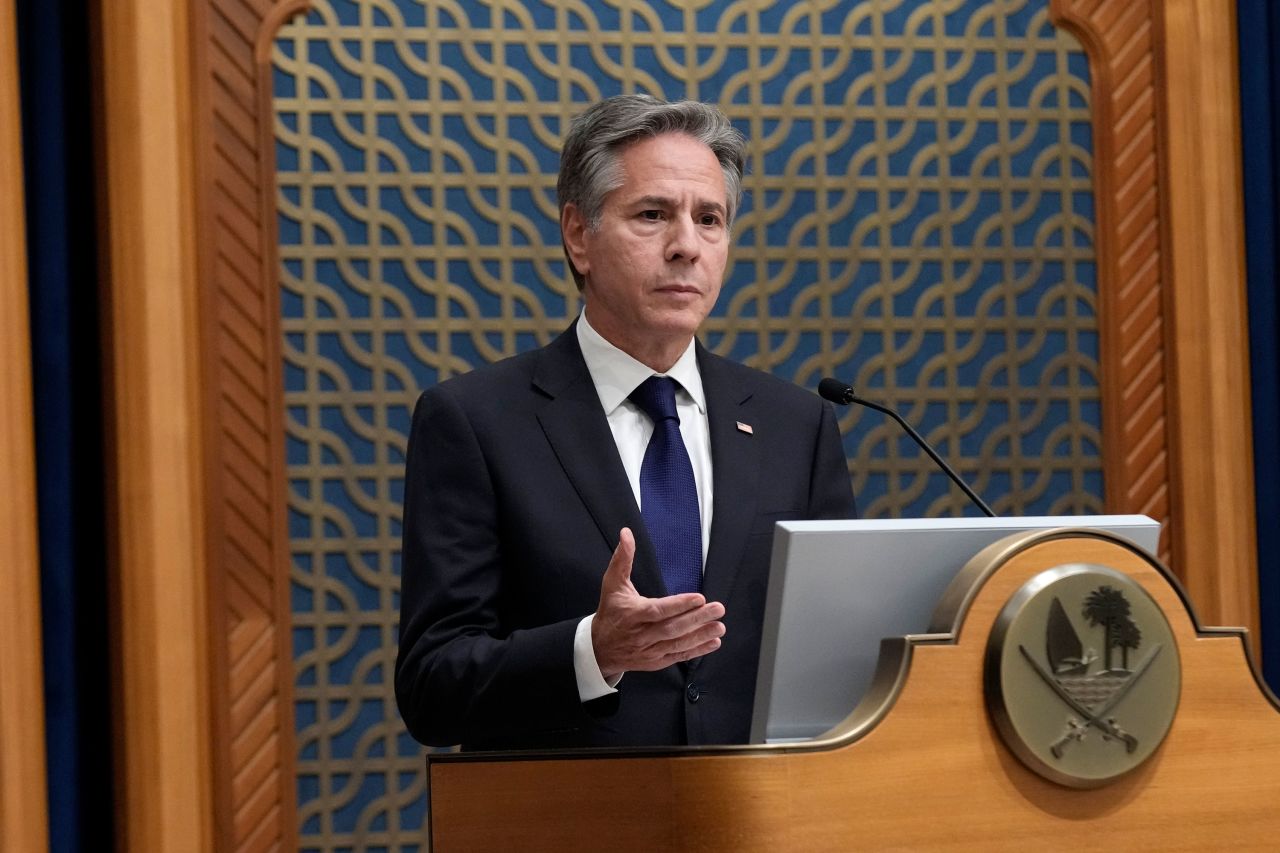 US Secretary of State Antony Blinken speaks during a press conference in Doha, Qatar, on Friday.