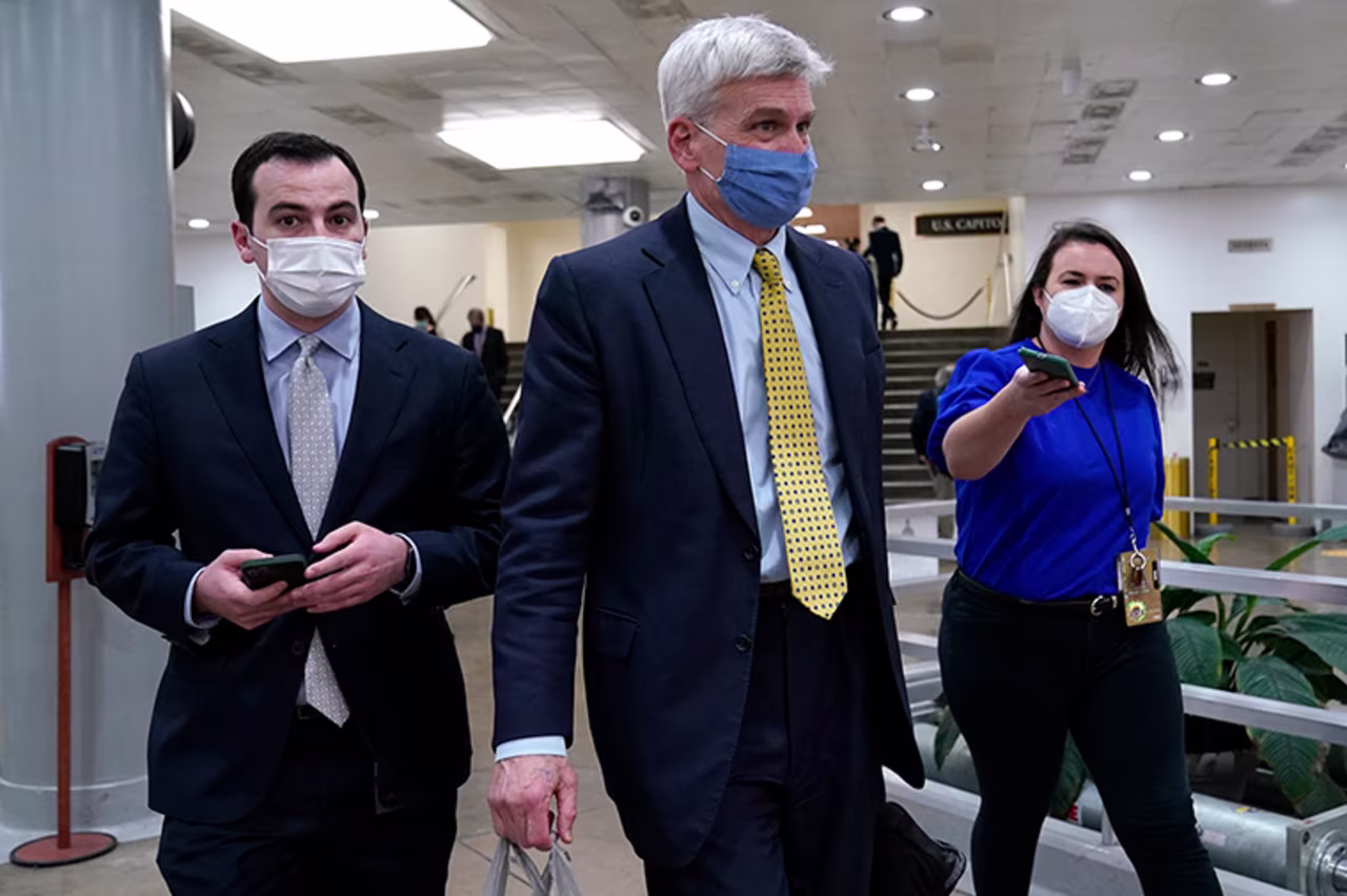 Sen. Bill Cassidy walks on Capitol Hill in Washington, Friday, February 12.