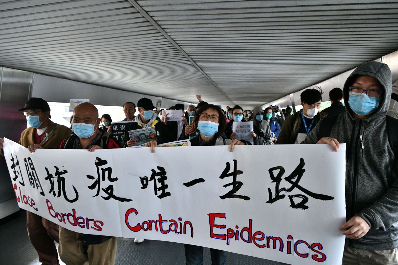 Protesters in Hong Kong demanding closed borders with China on February 3, 2020.