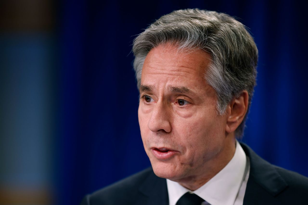 Secretary of State Antony Blinken talks to reporters in the press briefing room at the State Department Harry S. Truman headquarters building on July 17, 2023 in Washington, DC.