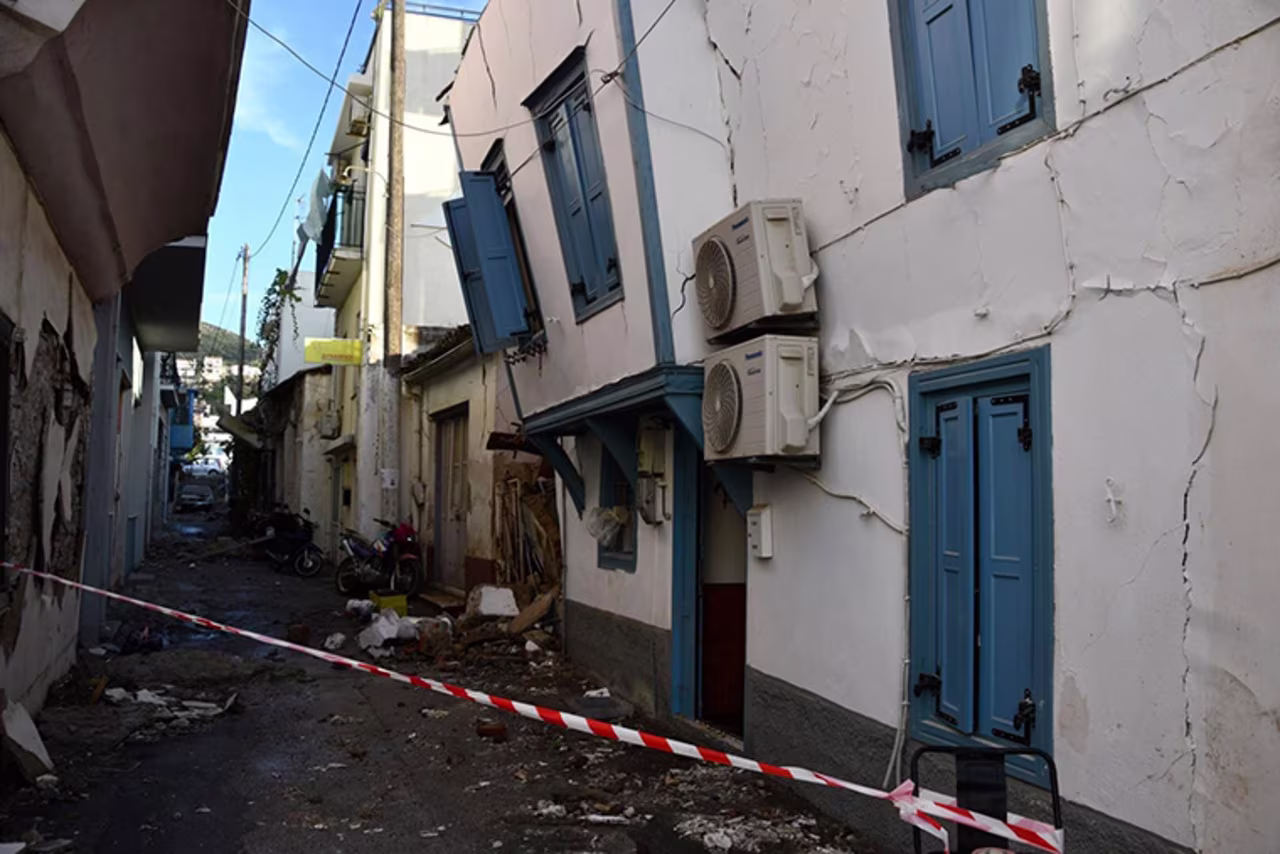 Damaged buildings are seen following the earthquake at the port of Vathy on the eastern Aegean island of Samos, Greece, on Oct. 30, 2020. 