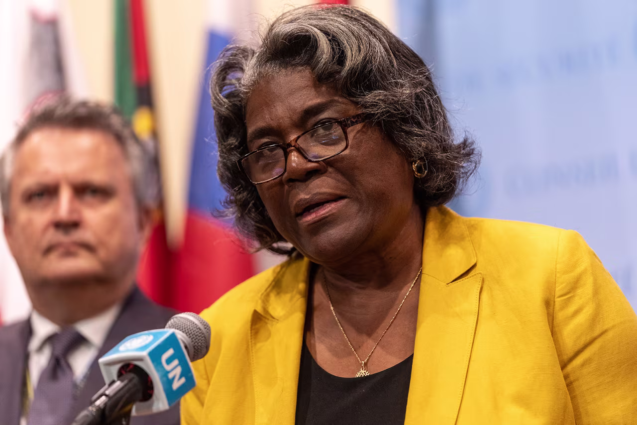 US Ambassador Linda Thomas-Greenfield speaks to press at the United Nations headquarters in New York on June 23. 