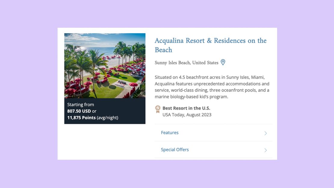 A screenshot of an award stay at the Acqualina Resort & Residences on the Beach on the Leading Hotels of The World website