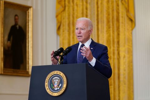 President Joe Biden speaks from the East Room of the White House on August 26 in Washington, DC.