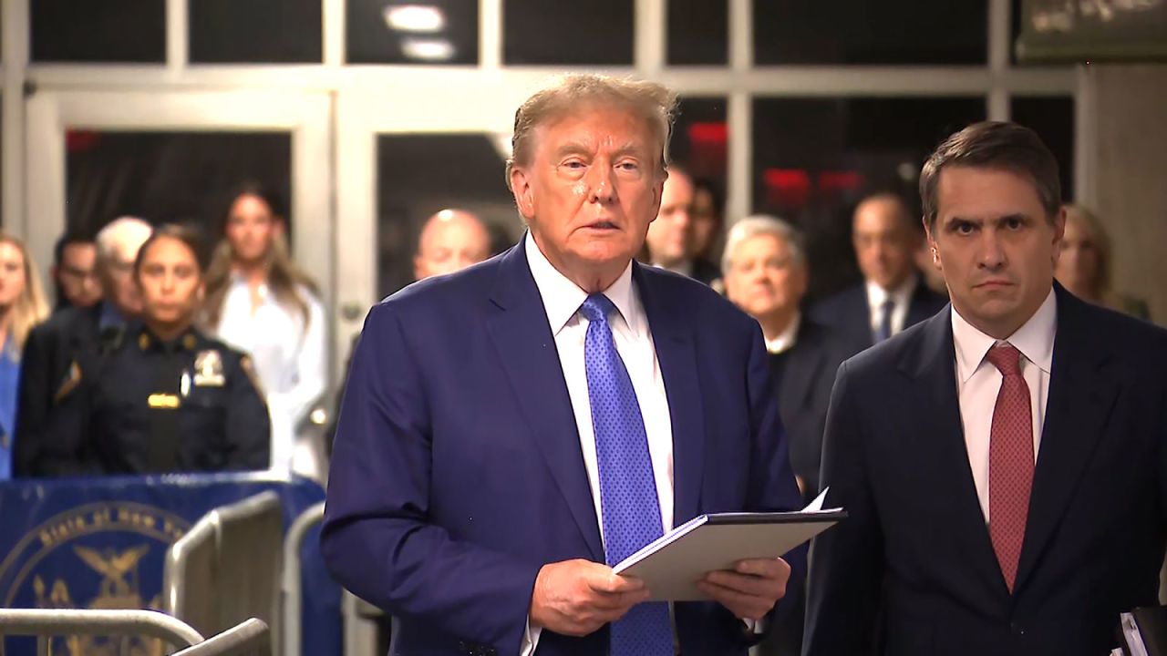 Former President Donald Trump speaks outside of court on Monday, May 20.