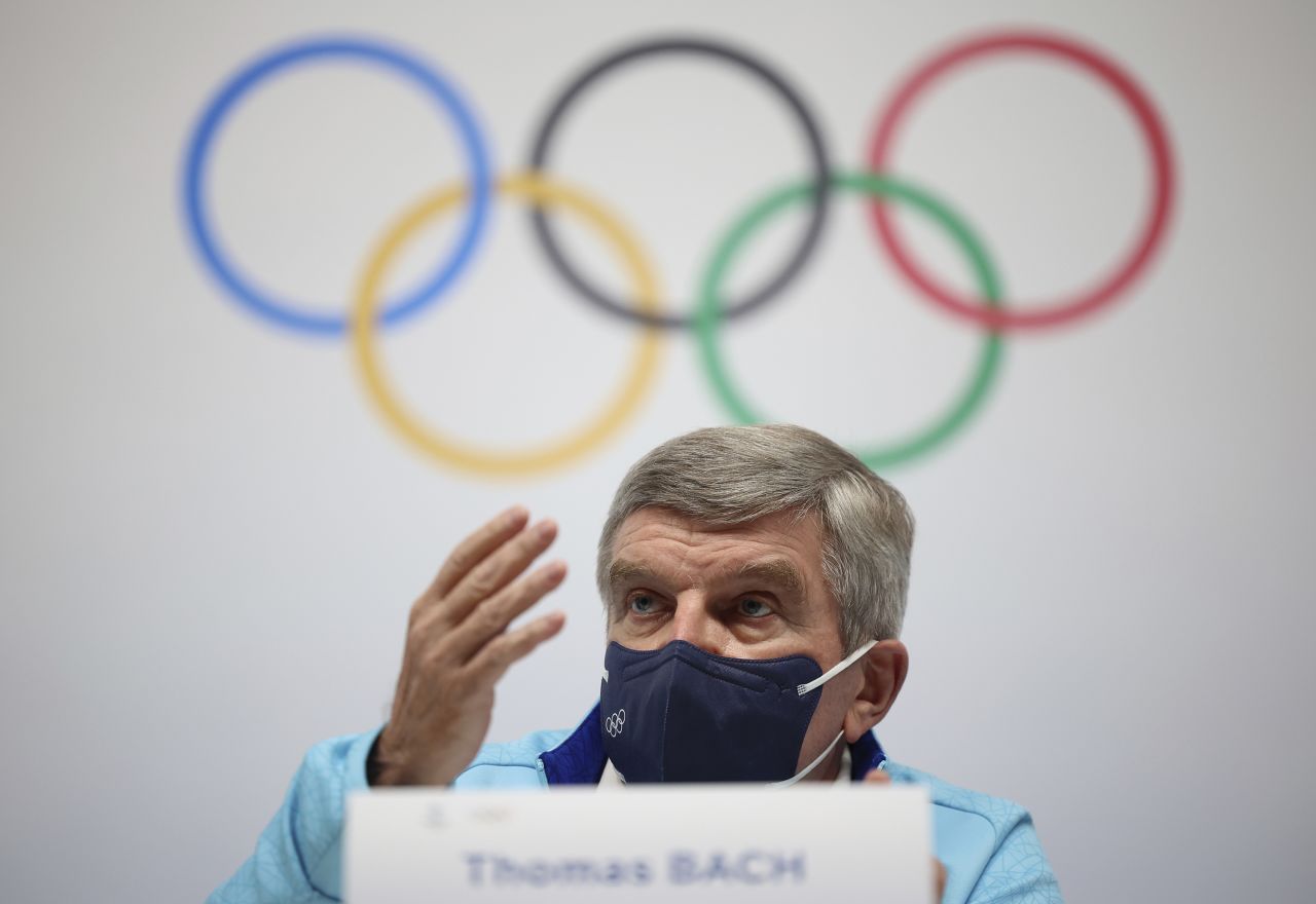 IOC President Thomas Bach attends a news conference at the main media center in Beijing on Thursday.