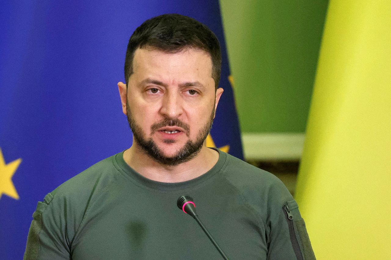 Ukrainian President Volodymyr Zelensky attends a press conference in Kyiv, Ukraine on June 11. 