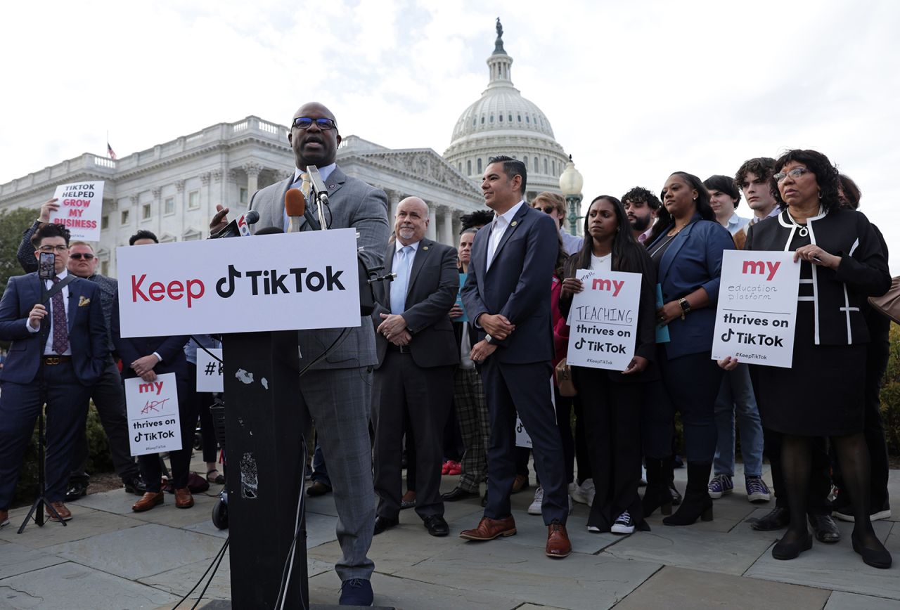 ?U.S. Rep. Jamaal Bowman (D-NY) speaks as Rep. Mark Pocan (D-WI), Rep. Robert Garcia (D-CA) and supporters of TikTok listen during a news conference on March 22, in Washington, DC. TikTok CEO Shou Chew will testify before the House Energy and Commerce Committee tomorrow on whether the video-sharing app is safeguarding user data on the platform. 