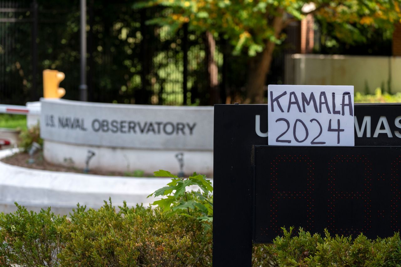 A sign is placed in front of the US Naval Observatory, where Vice President Kamala Harris lives, on Sunday in Washington, DC.