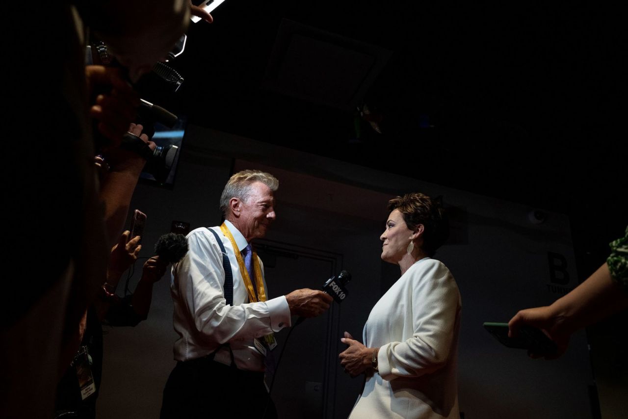 Lake speaks to a reporter at the Fiserv Forum in July at the 2024 Republican National Convention.