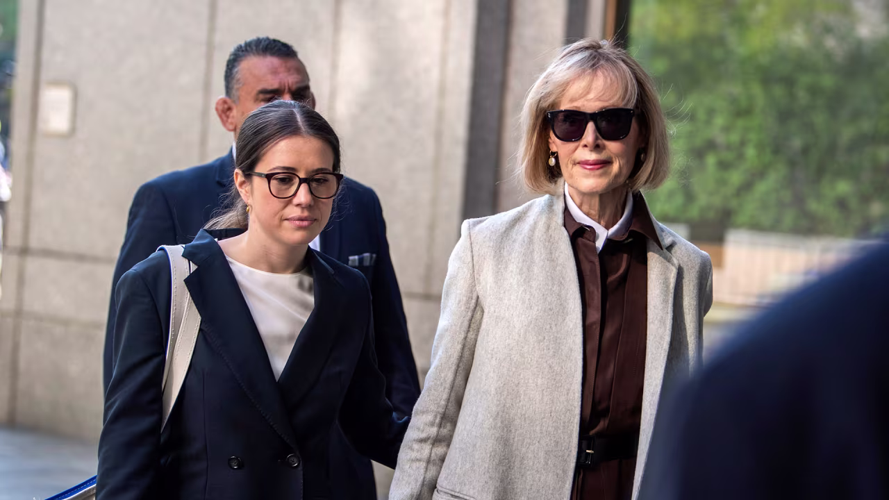 Former advice columnist E. Jean Carroll walks into Manhattan federal court on Tuesday, April 25, in New York.  