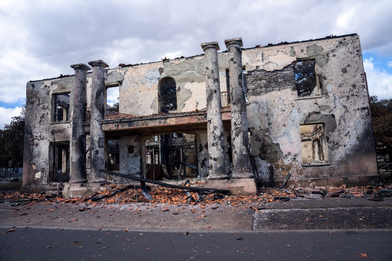 Building wreckage is seen in the aftermath of the fires that raged through Lahaina, Hawaii, on August 10, 2023.