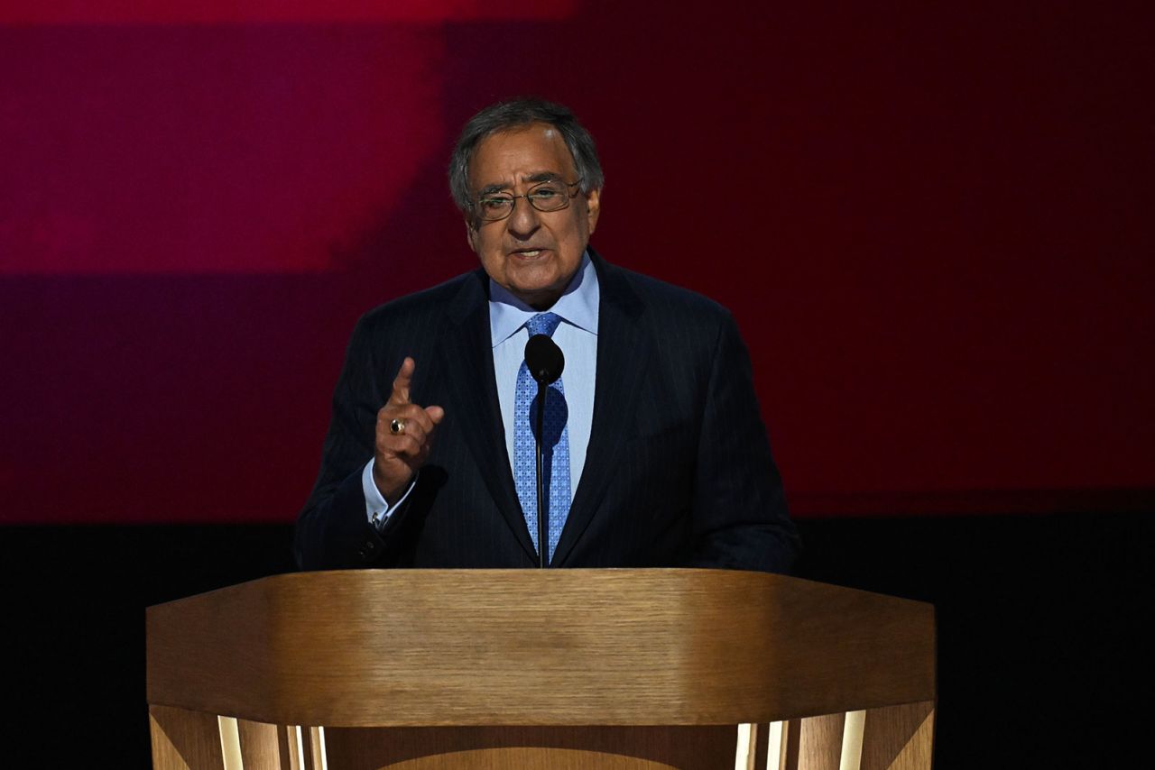 Leon Panetta speaks during the DNC on Thursday, August 22, in Chicago.