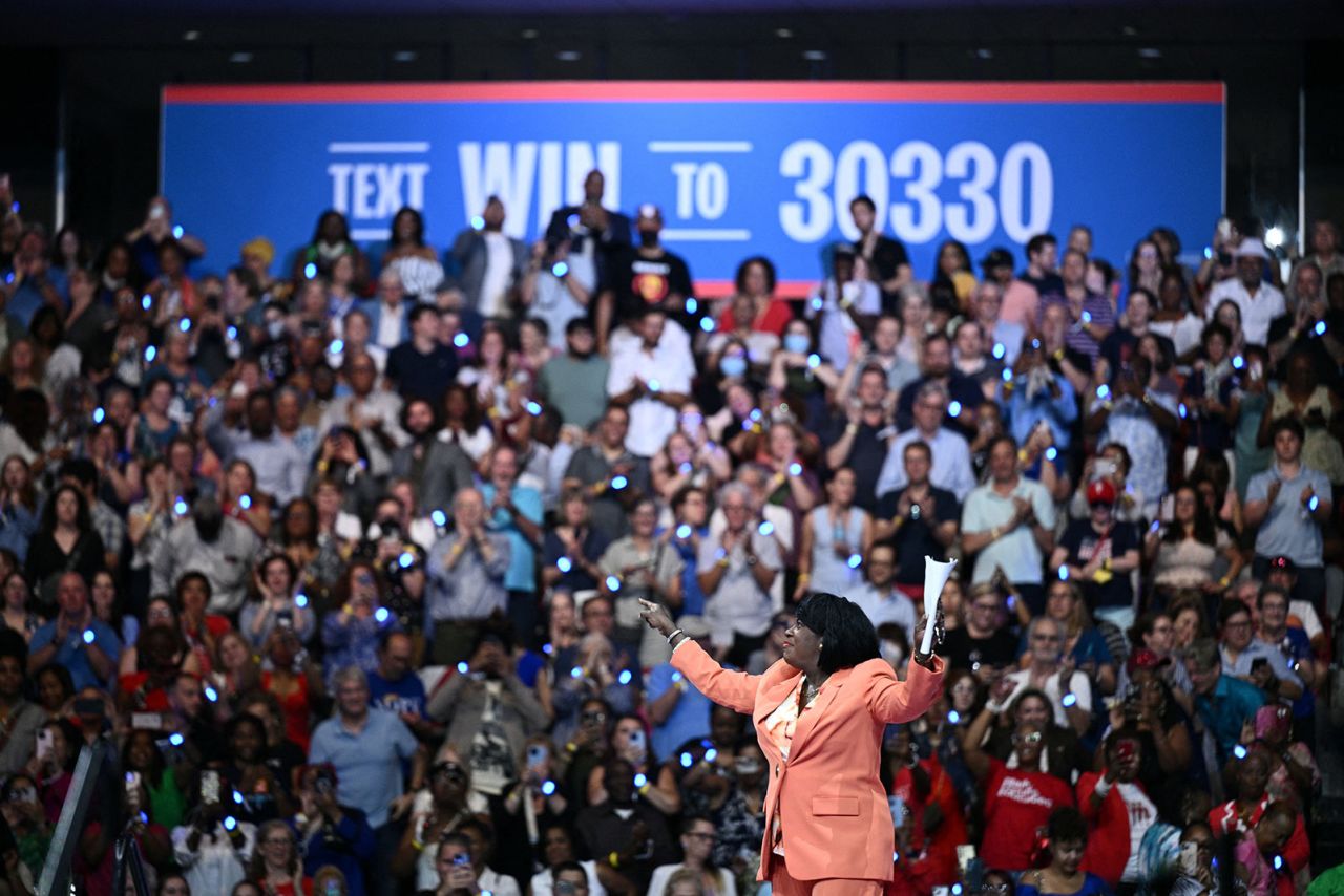 The mayor of Philadelphia Cherelle Parker speaks during a rally for US Vice President and 2024 Democratic presidential candidate Kamala Harris at Temple University's Liacouras Center in Philadelphia, on Tuesday, August 6.