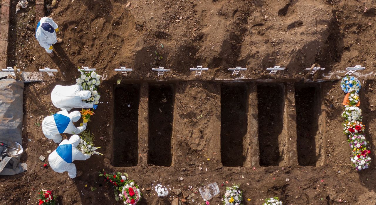 Aerial view showing the burial of a victim of COVID-19 at the General Cemetery in Santiago, Chile on June 23, 2020