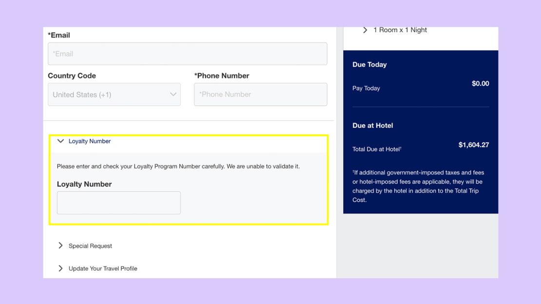 A screenshot that shows a user adding a hotel loyalty program number to an Amex Travel booking