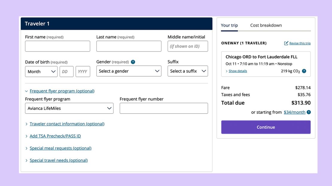 A screenshot of adding an Avianca LifeMiles frequent flyer number to a United Airlines booking online