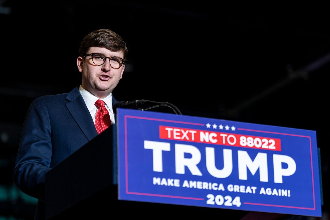 Addison McDowell speaks during a "Get Out The Vote" rally with former US President Donald Trump in Greensboro, North Carolina, on Saturday, March 2.