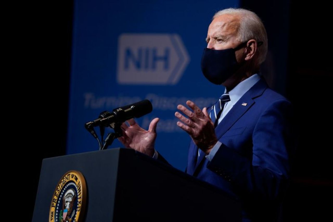 President Joe Biden speaks at the National Institutes of Health in Bethesda, Maryland, on February 11.