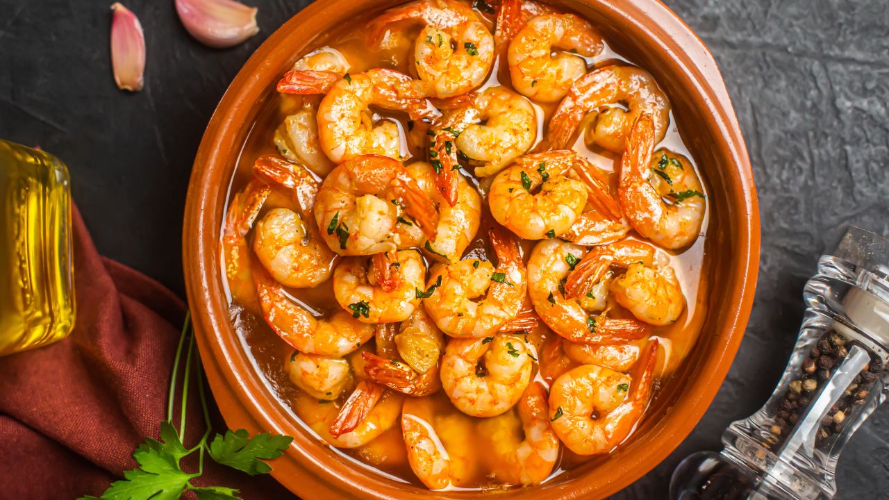 Traditional spanish shrimp with garlic, usually prepared with olive oil, top view