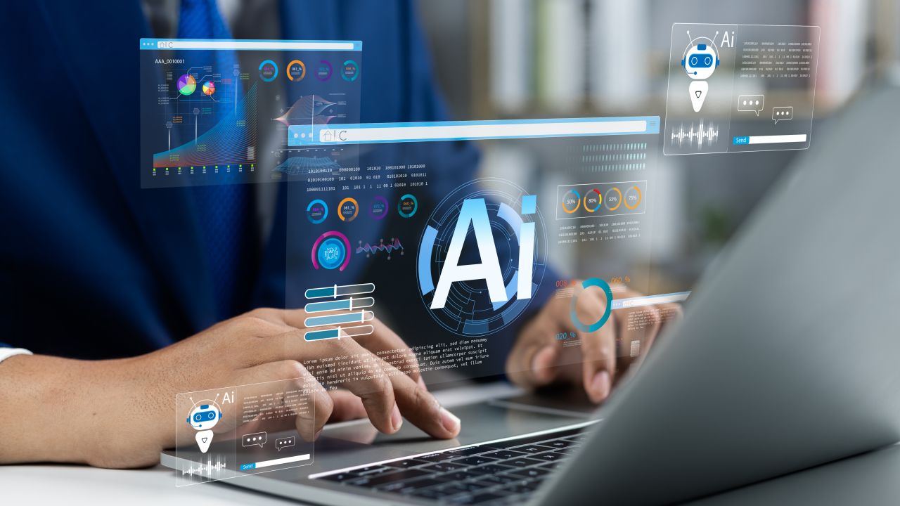 Businessman use artificial intelligence AI technology for enhanced work efficiency data analysis and efficient tools, Unlocking work potential with AI solutions chatbot help solve work problems.