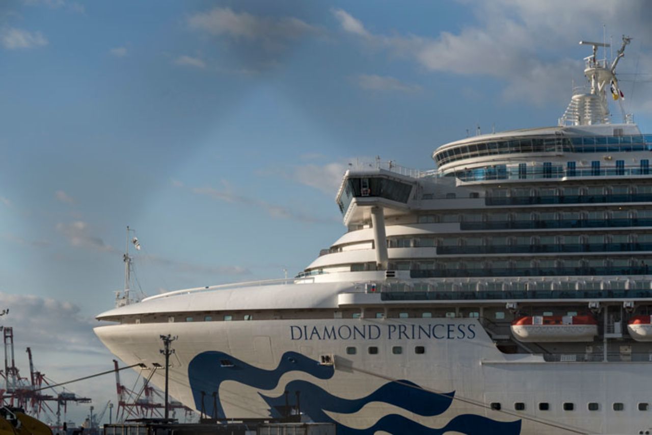 The quarantined Diamond Princess cruise ship sits docked at Daikoku Pier on Wednesday, February 19, in Yokohama, Japan.