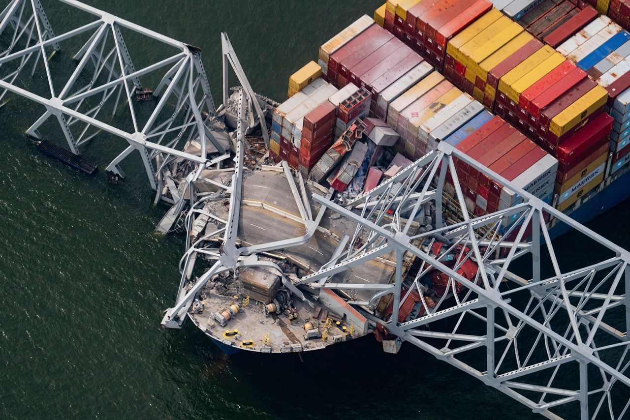 The Dali container vessel after striking the Francis Scott Key Bridge that collapsed into the Patapsco River in Baltimore, Maryland, on Tuesday, March 26.