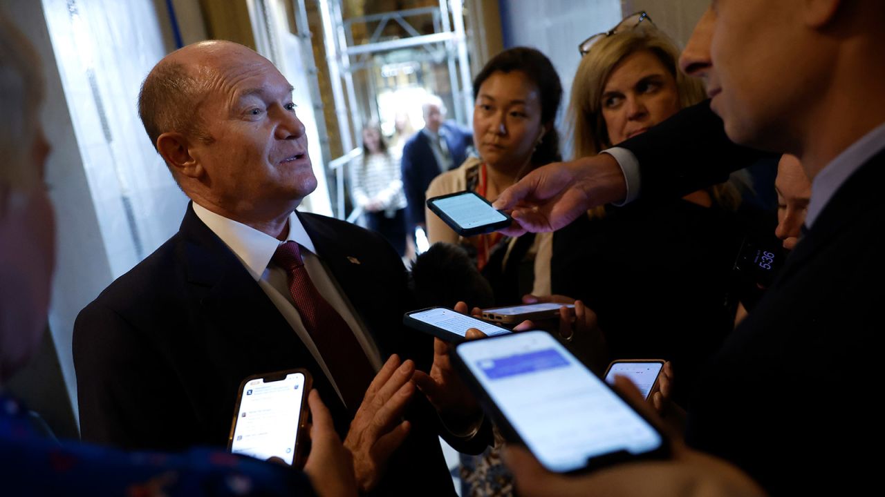 Sen. Chris Coons speaks to reporters at the U.S. Capitol on July 08.