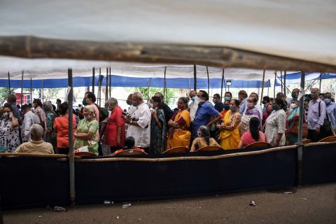 People line up to receive a Covid-19 vaccine at a mass vaccination center in Mumbai, India on April 29. 