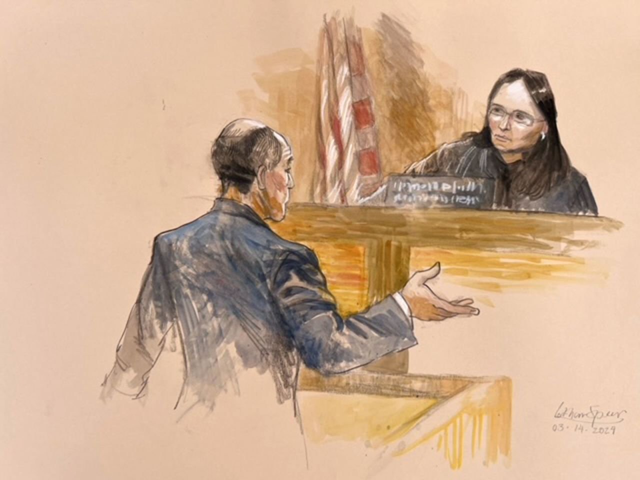 This court sketch shows US District Court Judge Aileen Cannon listening to former President Donald Trump's attorney speak during a hearing today in Fort Pierce, Florida.